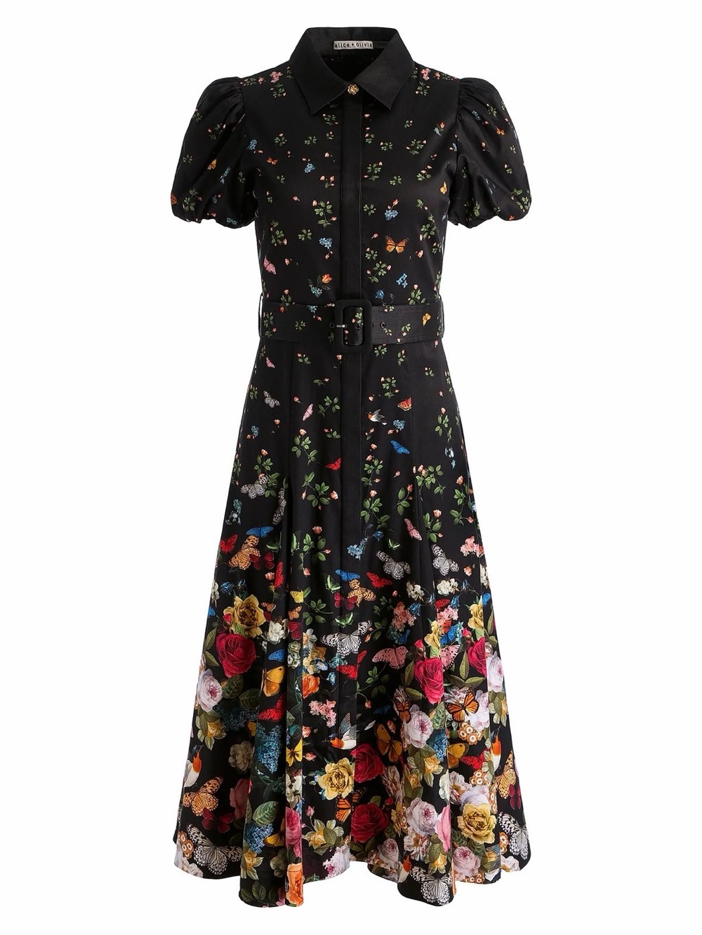 Alice + Olivia Black Floral & Butterfly Belted Puff-Sleeve Maxi Dress - Picture 2 of 6